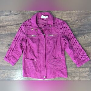 Chico's Jacket Medium (Size 0) Fuchsia w/ Gold Accents Crochet Back 3/4 Sleeves